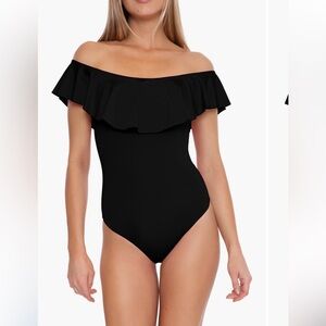 Trina Turk Monaco off the shoulder Black Ruffle Swimsuit- 12, NWOT